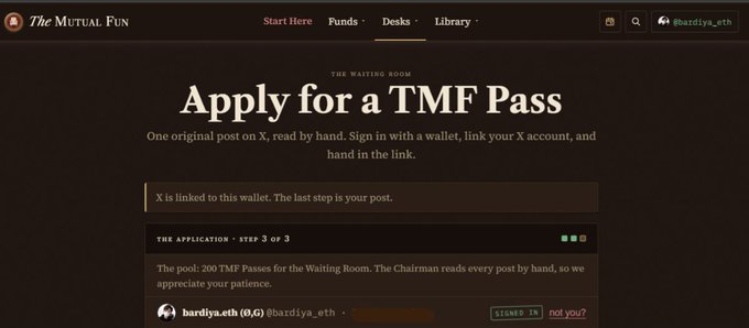 A dark-themed webpage titled "The Mutual Fun" displays an "Apply for a TMF Pass" form in "The Waiting Room," currently at step 3 of 3, asking the user to sign in with a wallet linked to their X account.