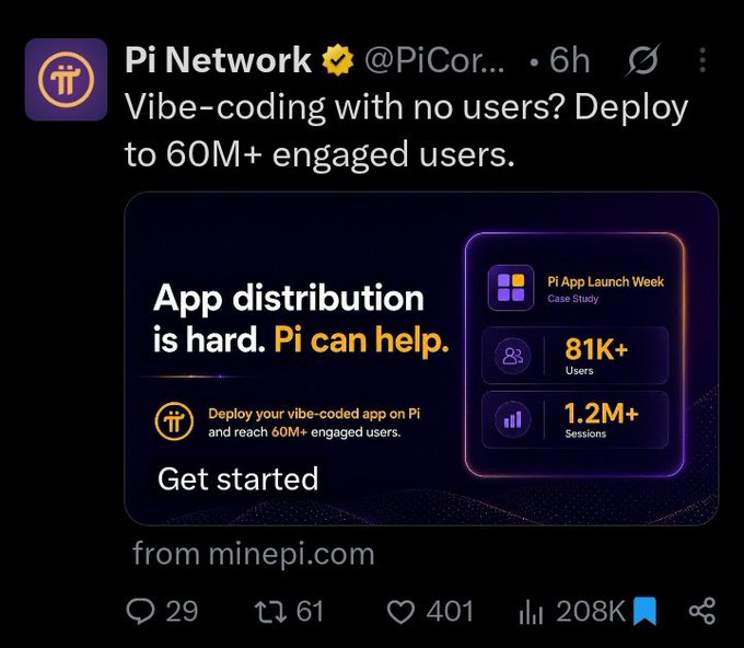A tweet from verified Pi Network (@PiCore) promoting app distribution services with the tagline "Vibe-coding with no users? Deploy to 60M+ engaged users," highlighting a Pi App Launch Week case study showing 81K+ users and 1.2M+ sessions, directing users to minepi.com. The post notes this is a paid X advertisement, which has sparked community discussion about Pi Network investing in promotional campaigns before its ecosystem is fully operational.