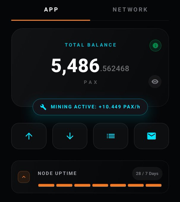 Mobile app screenshot displaying a 'TOTAL BALANCE' of 5,486.562468 PAX, with 'MINING ACTIVE: +10.449 PAX/h' and 'NODE UPTIME' showing 28/7 Days.