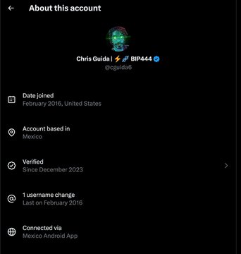 A Twitter account information page for 'Chris Guida ⚡ BIP444' (@cguida), showing the account was joined in February 2016 and is based in Mexico.