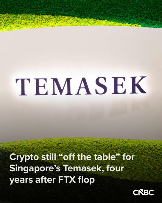 A CNBC news graphic featuring the "TEMASEK" logo against a white background framed by green moss-like textures, with a headline reading "Crypto still 'off the table' for Singapore's Temasek, four years after FTX flop." The image visually anchors the article about Nagi Hamiyeh's statement that crypto investment remains excluded from Temasek's strategy following its FTX losses.