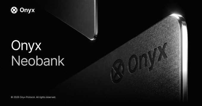 A promotional banner for Onyx Neobank featuring a close-up of a dark metallic card with the Onyx logo engraved on it, set against a black background.