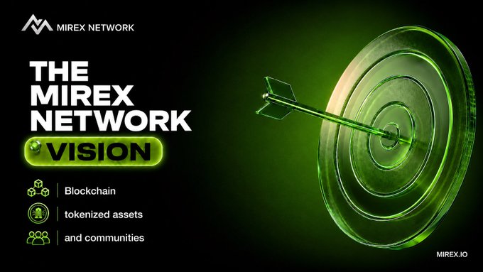 The image is a promotional graphic for "The Mirex Network Vision," featuring a glowing green 3D target with an arrow hitting the bullseye against a black background. It displays the Mirex Network logo and website (MIREX.IO), along with three key focus areas: Blockchain, tokenized assets, and communities, visually reinforcing the post's message about digital representation of real-world assets.