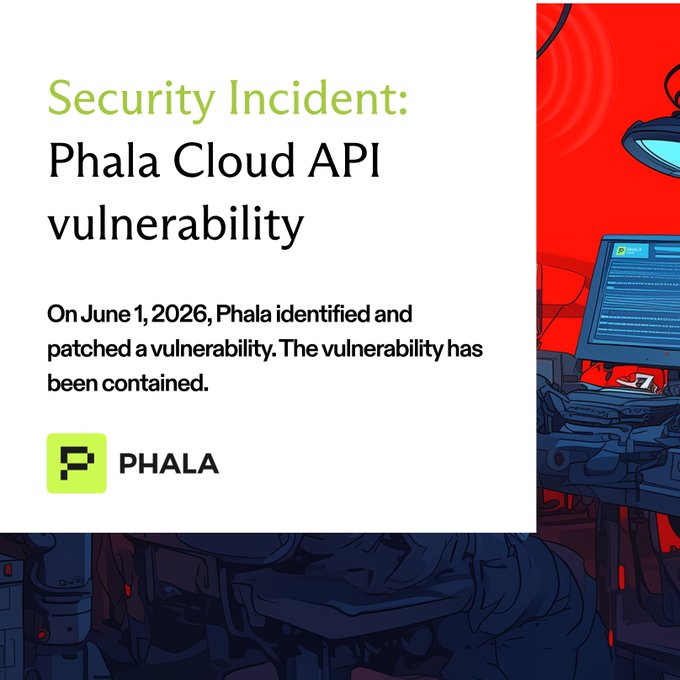 The image shows a poster for a security incident involving a vulnerability in a Phala Cloud API. The poster includes a cartoon illustration of a computer screen with a message about the vulnerability, along with an email address for users or CVMs who have been affected by the issue.