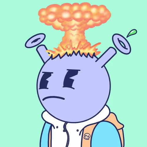 A cartoon blue alien-like character with two antenna discs looking angry as its head explodes in an orange mushroom cloud fireball.