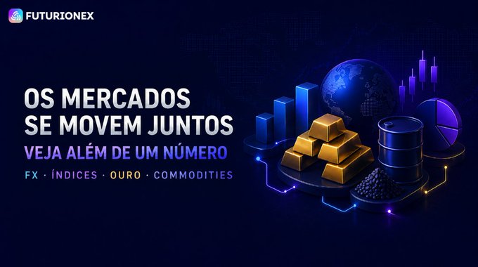A dark blue promotional graphic for Futurionex featuring the headline "OS MERCADOS SE MOVEM JUNTOS — VEJA ALÉM DE UM NÚMERO" alongside icons of gold bars, oil barrels, a globe, and financial charts, with categories listed as "FX • ÍNDICES • OURO • COMMODITIES." The image visually reinforces the post's message about multi-asset trading expansion, symbolizing the convergence of global markets beyond single numbers.