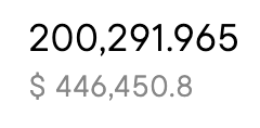 Stylized text displaying the numbers '200,291,965' and '$446,450.8' in a metallic, futuristic font on a white background.