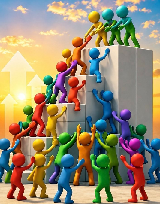 A 3D illustration of colorful figures climbing a stack of white blocks/stairs against a sunset sky with upward arrows symbolizing teamwork and progress.