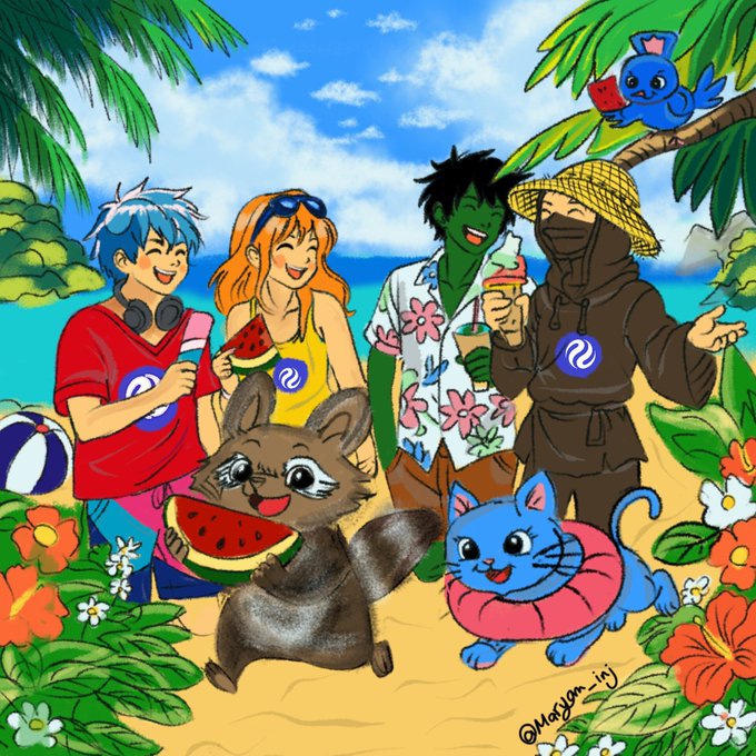The image features a group of people standing together at a beach, with palm trees and flowers surrounding them. The main focus is on two cartoon characters - one cat and one raccoon - who are surrounded by other cartoon characters such as a boy wearing sunglasses and a girl holding an ice cream cone. The post also includes the text "Chilling on the beach with the best community in Web3: My art for youuuu @injective :The Ninja family never stops!".