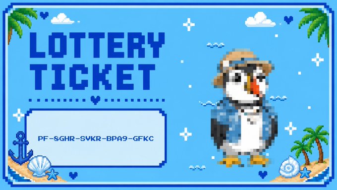 A pixel-art style blue lottery ticket featuring a penguin character wearing a straw hat, with the scratch-off code PF-SGHR-SVKR-BPA9-GFKC.