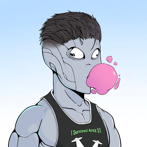 A grey-skinned anime-style alien character blows a large pink bubble from its mouth while wearing a black tank top that reads "I Survived Area 51." The image humorously ties into the giveaway post, with the alien's alien appearance and "Area 51" shirt serving as a playful visual tie-in to the Space-themed NFT contest.