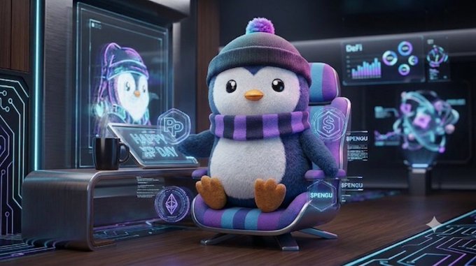 A 3D-rendered penguin wearing a purple knit hat and scarf sits at a high-tech desk with holographic screens displaying DeFi charts and $PENGU token graphics.