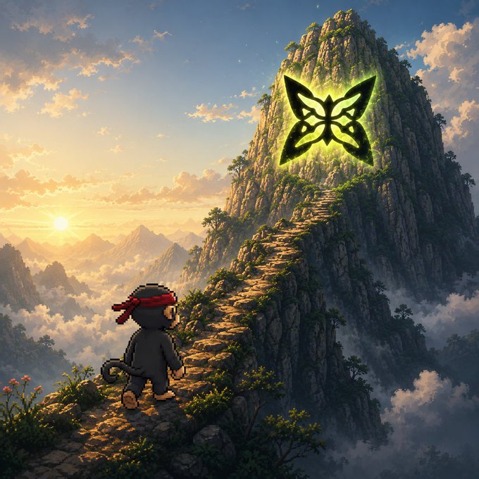 A pixel-art monkey character with a red headband stands on a stone path looking up at a glowing yellow butterfly emblem carved into a misty mountain peak.