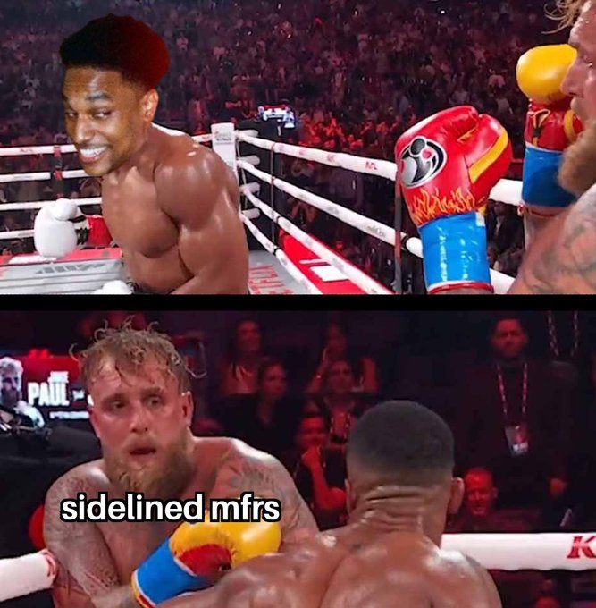 A two-panel meme showing boxing matches between Black fighters and Jake Paul, with the top panel featuring a fighter smiling at Paul and the bottom labeled "sidelined mfrs" showing Paul's expression during a fight.