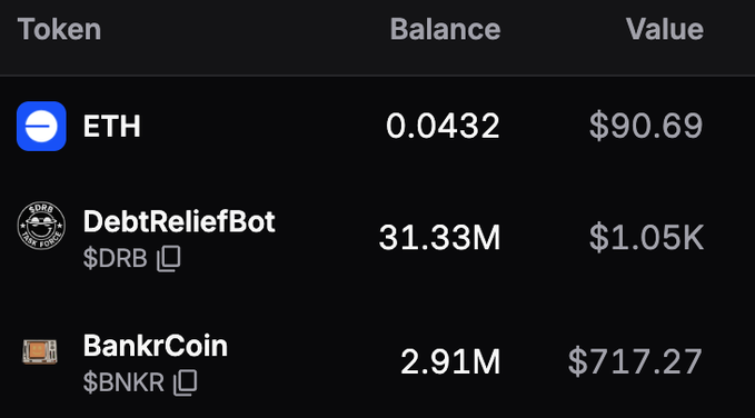 A cryptocurrency wallet display shows holdings of 0.0432 ETH ($90.69), 31.33M DebtReliefBot ($DRB) tokens worth $1.05K, and 2.91M BankrCoin ($BNKR) valued at $717.27. The substantial $DRB position visually supports the poster's claim of strong performance, showing a notable gain from their entry at a 3M market cap to the current $1.05K valuation.