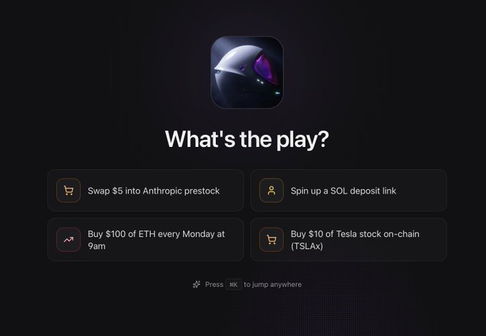 The image shows a dark-themed interface with a hooded figure icon and the prompt "What's the play?" displayed above four suggestion buttons featuring crypto and stock actions, including swapping $5 into Anthropic prestock, setting up a SOL deposit link, buying $100 of ETH every Monday at 9am, and buying $10 of Tesla stock on-chain (TSLAx). The interface visually presents users with quick-action options as suggested plays for trading or investing.