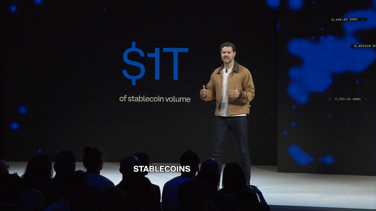 The image features a man standing at a podium, giving a speech or presentation about Bitcoin, possibly related to stablecoins like Coinbase. The speaker has his hands in the air while talking, conveying a sense of enthusiasm and engagement with the topic. Several people are watching him attentively from various positions around the stage. A few text elements can be seen in the image, including "$1 T" indicating that there is some cost associated with Bitcoin or stablecoins, and "moving money is still slow, expensive and complex", which highlights the current issues companies face when using these forms of currency.