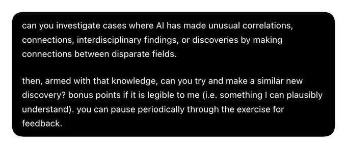 A user prompt asks about investigating unusual AI correlations and interdisciplinary discoveries, then requests the AI to attempt a similar new discovery.
