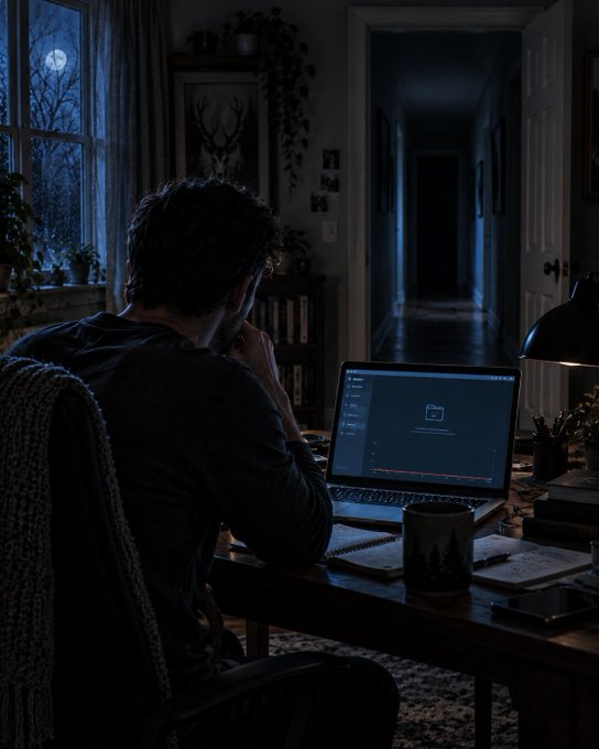 A man viewed from behind sitting at a desk at night, looking at a laptop screen with a dark hallway visible through an open door, with the moon visible through a window.