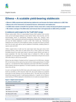 A financial research document from Global X titled 'Ethera - A scalable yield-bearing stablecoin', discussing Ethena's USDe product, with a table comparing ETHA, BTC, and ETH/USD on USDC.