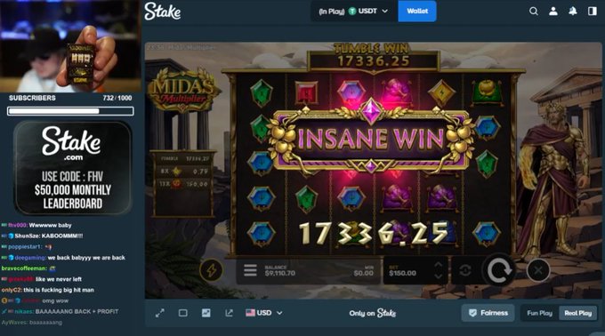 The image shows a live stream on Stake.com featuring an "INSANE WIN" of $173,362.50 on the "Midas Multihold" slot game, with a subscriber count of 732/1000 and chat activity from viewers. The streamer is promoting a giveback to followers while highlighting a referral code "FHV" that unlocks a $50,000 monthly leaderboard, double weekly and monthly bonuses, and level-up rewards, directly tying the big win shown on screen to the promotional offer in the post.