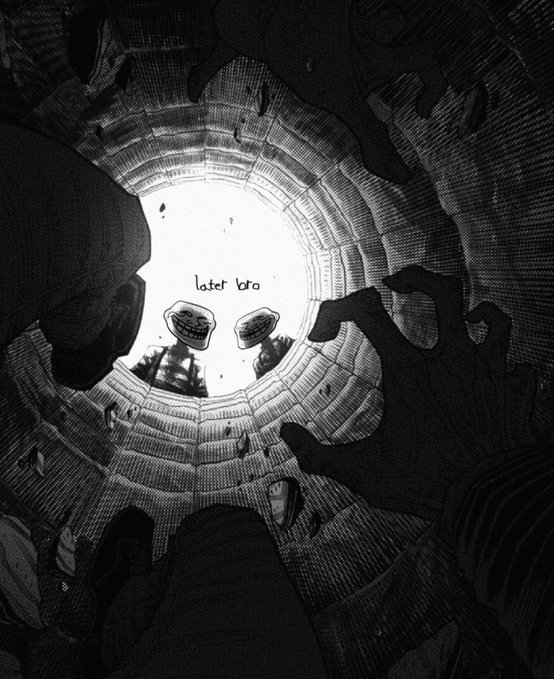 The image features a black and white illustration of two people looking through a tunnel, with one person's hand reaching out towards the other. The scene appears to be set in an urban environment, as there are buildings visible in the background. The caption at the bottom of the image reads "Don't get left behind... $troll". This phrase is likely a reference to the popular video game series "Trollhunters", which features players exploring dark and mysterious tunnels while trying to outsmart evil creatures known as "$trolls".