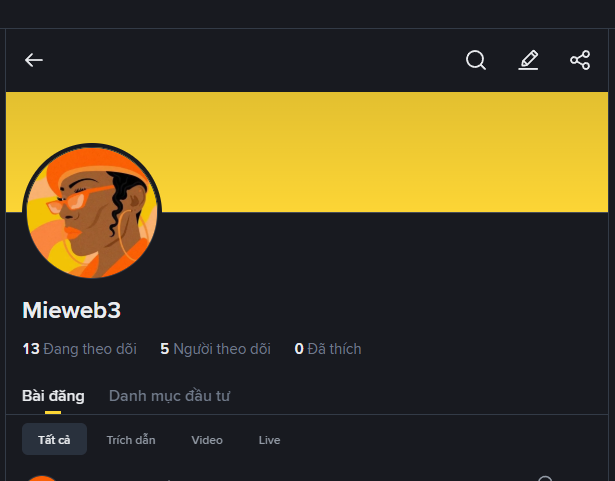 A social media profile page for 'Miewweb3' with a stylized avatar, showing 13 followers, 5 following, and 0 likes in Vietnamese language.
