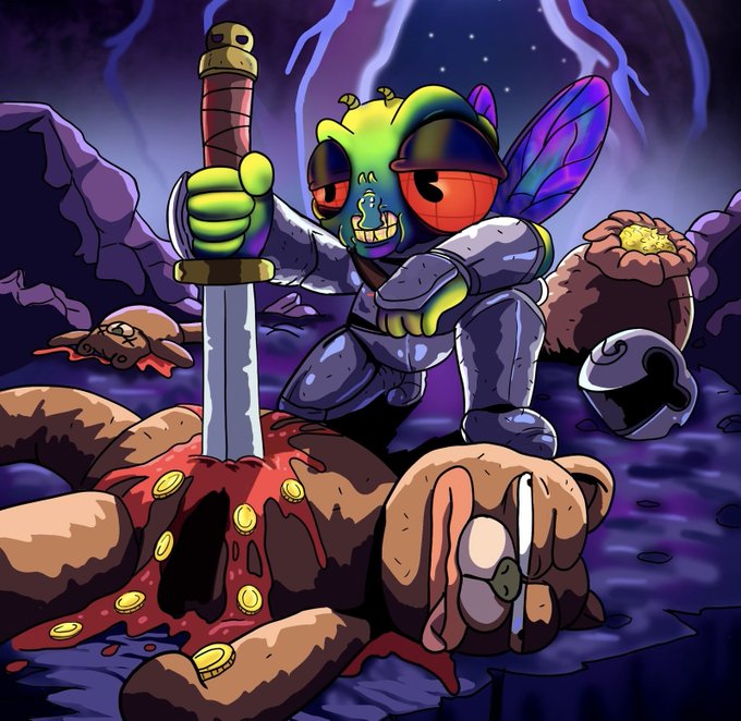 The image features a cartoon character dressed in medieval armor holding a sword and surrounded by various objects such as a teddy bear with bloodied eyes, a dragon, and a pile of gold coins. The caption for the image reads "GTD Is Live Mint Here: opensea.io/collection/blo ... Don'T worry, you have 30 minutes, and here GTD is GTD, as it always should be!".
