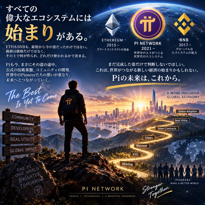 A promotional graphic for Pi Network featuring a man standing on a hill overlooking a city, with text comparing it to Ethereum and BNB, and phrases like 'The Best Is Yet To Come' and 'A More Inclusive Global Economy'.
