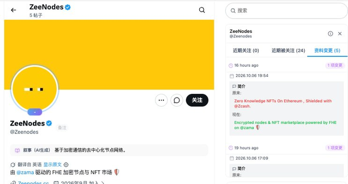 A social media profile page for 'ZeeNodes' (@Zeenodes) is shown, highlighting its bio as 'Encrypted nodes & NFT marketplace powered by FHE on @zama' with various recent post timestamps.