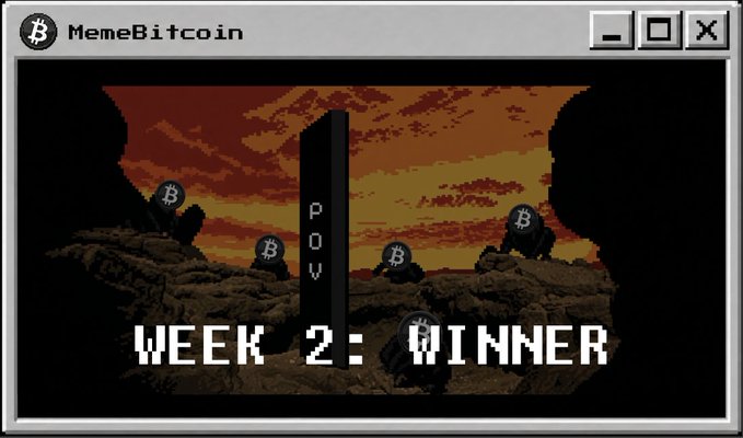 A pixel art Bitcoin meme stylized as a 2001: A Space Odyssey monolith scene with Bitcoin-headed apes on a red-sunset landscape reads "WEEK 2: WINNER" in a Windows 95-style "MemeBitcoin" window, with the monolith inscribed "POV" to celebrate weekly Proof-of-Viral winners like @MS_Capitall.