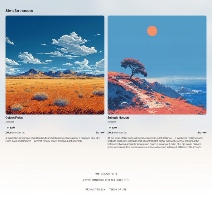 A digital art auction webpage from MANIFOLD TECHNOLOGIES LTD (© 2026) titled 'Silent Earthscapes' featuring two live auction pieces: 'Golden Fields' and 'Solitude Horizon,' both starting at 0.2 minimum bid.