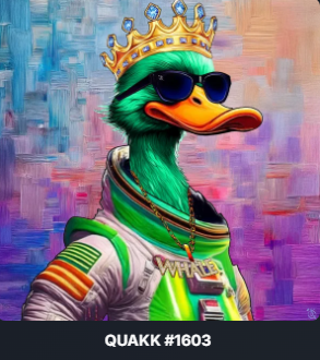 A vibrant digital painting of a green duck wearing a gold crown, sunglasses, and a green racing-style jacket, labeled 'QUAKK #1603' at the bottom.