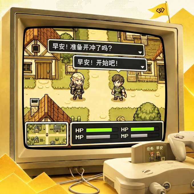 A retro-styled illustration of an old CRT television displaying a pixel art RPG game with Chinese dialogue bubbles reading '早安! 准备开冲了吗?' and '早安! 开始吧!', accompanied by a game console and controller.