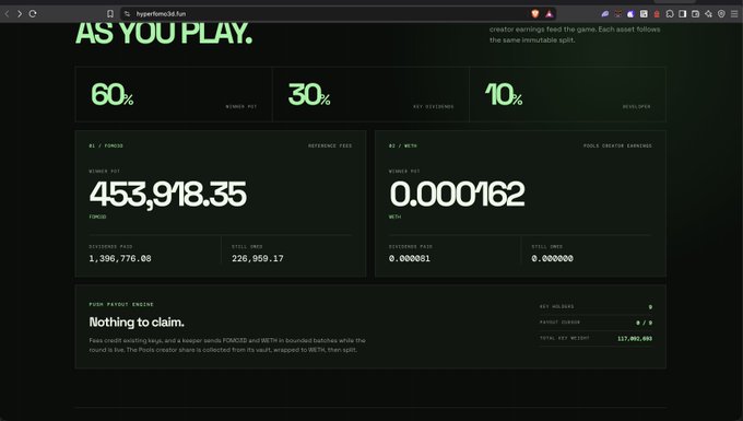 Webpage screenshot from howtokenick.fun showing revenue distribution percentages (60% winning pot, 30% dev ecosystem, 10% developer) and token statistics including WINNER POT 453,918.35 and WBN POOL CREATOR EARNINGS 0.000162.