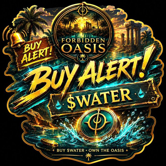 A vibrant graphic design for 'Forbidden Oasis' featuring a 'BUY ALERT!' for the token '$WATER' with tropical and ancient ruins imagery.