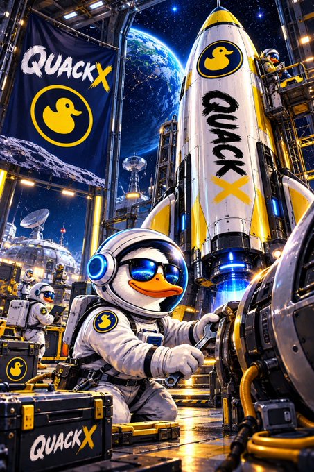 A vibrant digital artwork featuring an anthropomorphic duck wearing an astronaut suit and sunglasses working on a rocket labeled 'Quack X' alongside other space equipment and a banner, set against a starry background with Earth visible.