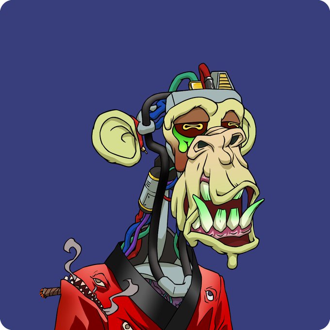 A cartoonish, grotesque ape character with exposed circuitry, a green-dripping eye socket, sharp teeth, and mechanical headgear appears on a purple background, wearing a red robe. The image's cybernetic, edgy aesthetic pairs with the post's "B O R E D A P E Y A C H T C L U B" text, which serves as a playful anagram reference to the Bored Ape Yacht Club NFT collection, riffing on the "bored" theme with a chaotic, zombie-like twist.