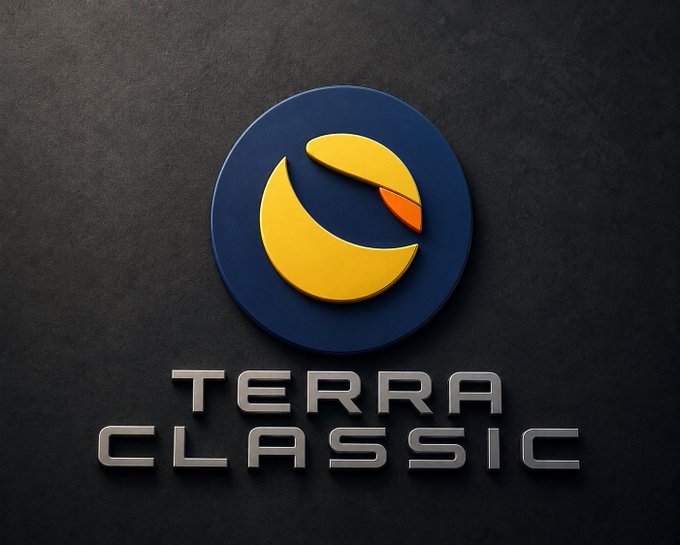 3D rendered logo of Terra Classic (LUNC) cryptocurrency featuring a blue circle with a yellow crescent moon design on a dark textured background.