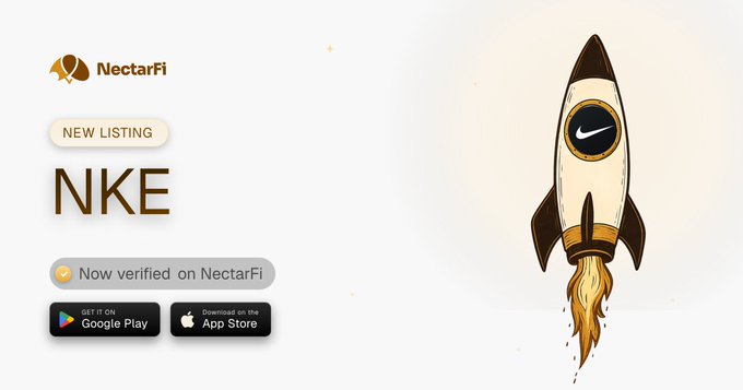 A promotional graphic for NectarFi announcing a 'NEW LISTING' for 'NKE' (Nike), featuring a rocket illustration with the Nike logo and app download buttons.
