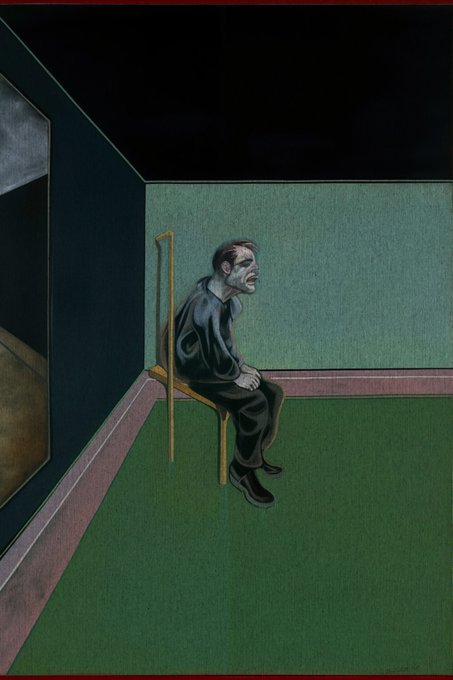 A painting depicting a man in dark clothing sitting on a yellow chair in the corner of a room with green walls and floor, his face rendered in an exaggerated, distressed expression against a dark ceiling.