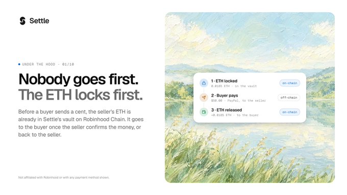 A webpage screenshot for 'Settle' explaining how ETH escrow works, with the headline 'Nobody goes first. The ETH locks first.' and a diagram showing 3 steps: ETH locked, Buyer pays, ETH released.