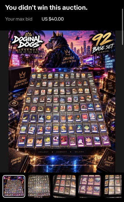 An auction result screen stating 'You didn't win this auction. Your max bid US $40.00', showing an image of 'DOGINAL DOGS LEGENDS' NFT collection featuring 92 base sets.
