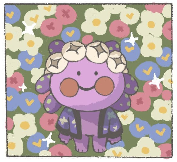 Cute cartoon illustration of a small purple character with star-shaped decorations on its head, wearing a patterned outfit, surrounded by a colorful background of flowers and abstract shapes.