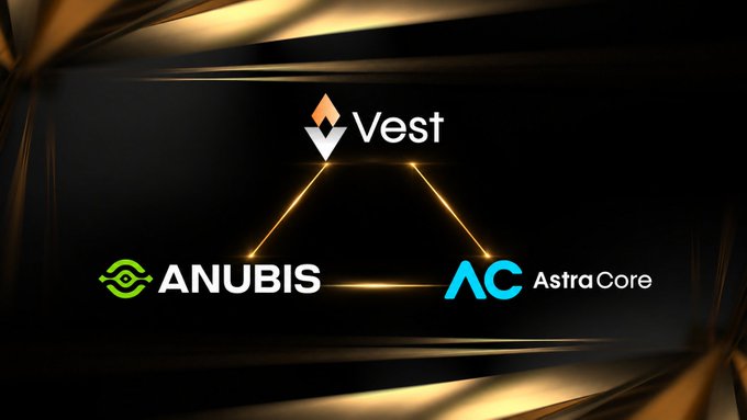 The image displays a partnership announcement graphic featuring the "Vest" logo at the top, connected by glowing lines to "ANUBIS" on the left and "AstraCore" (AC) on the right, visually representing the strategic partnership between AnubisChain and AC Wallet as described in the post.