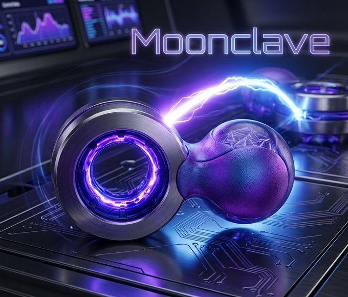 A futuristic 3D render showcasing a device labeled 'Moonclave' with purple neon accents, floating on a circuit board background alongside metallic spheres displaying financial data charts.