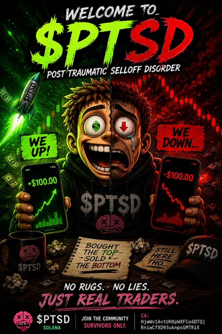 A meme-style promotional graphic for the '$PTSD' Solana memecoin, themed around 'Post Traumatic Selloff Disorder,' depicts a split-faced cartoon character showing both euphoria ('WE UP!') and despair ('WE DOWN...').