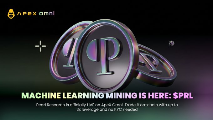 A promotional banner for Apex Omni featuring metallic coins with the letter 'P' on them, with text reading 'MACHINE LEARNING MINING IS HERE: $PRL' and mentioning that Pearl Research is officially live on Apex Omni with up to 3x leverage.