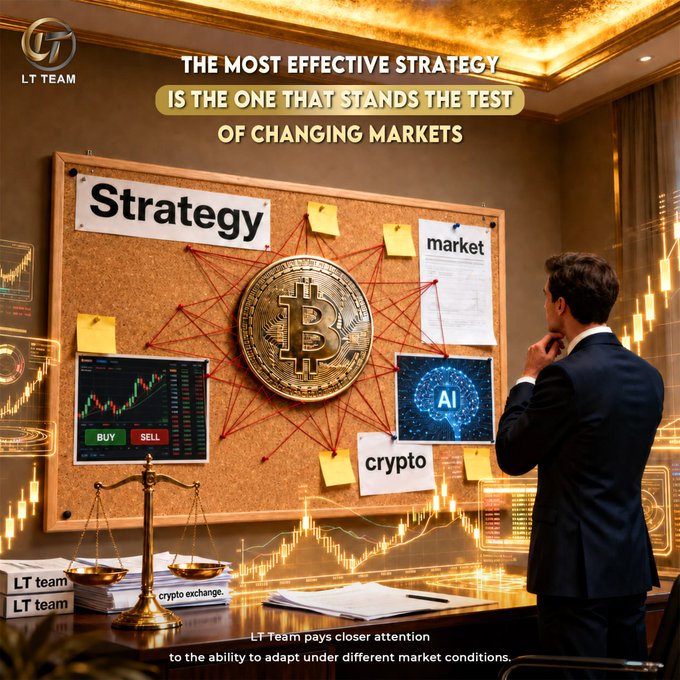 A businessman in a suit studies a corkboard featuring a central Bitcoin emblem, charts with "BUY/SELL" buttons, and sticky notes labeled "Strategy," "market," "crypto," and "AI," alongside a "LT Team" logo and the headline "THE MOST EFFECTIVE STRATEGY IS THE ONE THAT STANDS THE TEST OF CHANGING MARKETS." The visual reinforces the post's message by pairing cryptocurrency and market imagery with elements of analysis and decision-making, symbolizing disciplined risk management and diversified investment strategy.