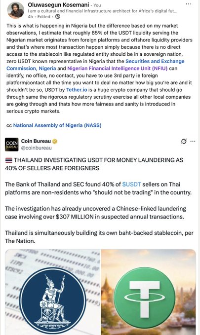 A Twitter/X post by Oluwasegun Kosemani discussing USDT liquidity in Nigeria, referencing a Coin Bureau tweet about Thailand investigating USDT for money laundering involving $307 million in suspected transactions.